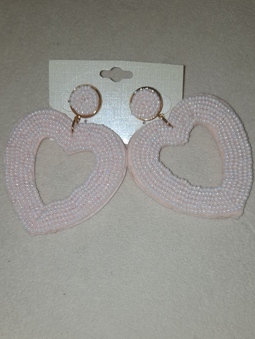 Heart Hoop Drop Earrings - Blush Pink Beaded Design